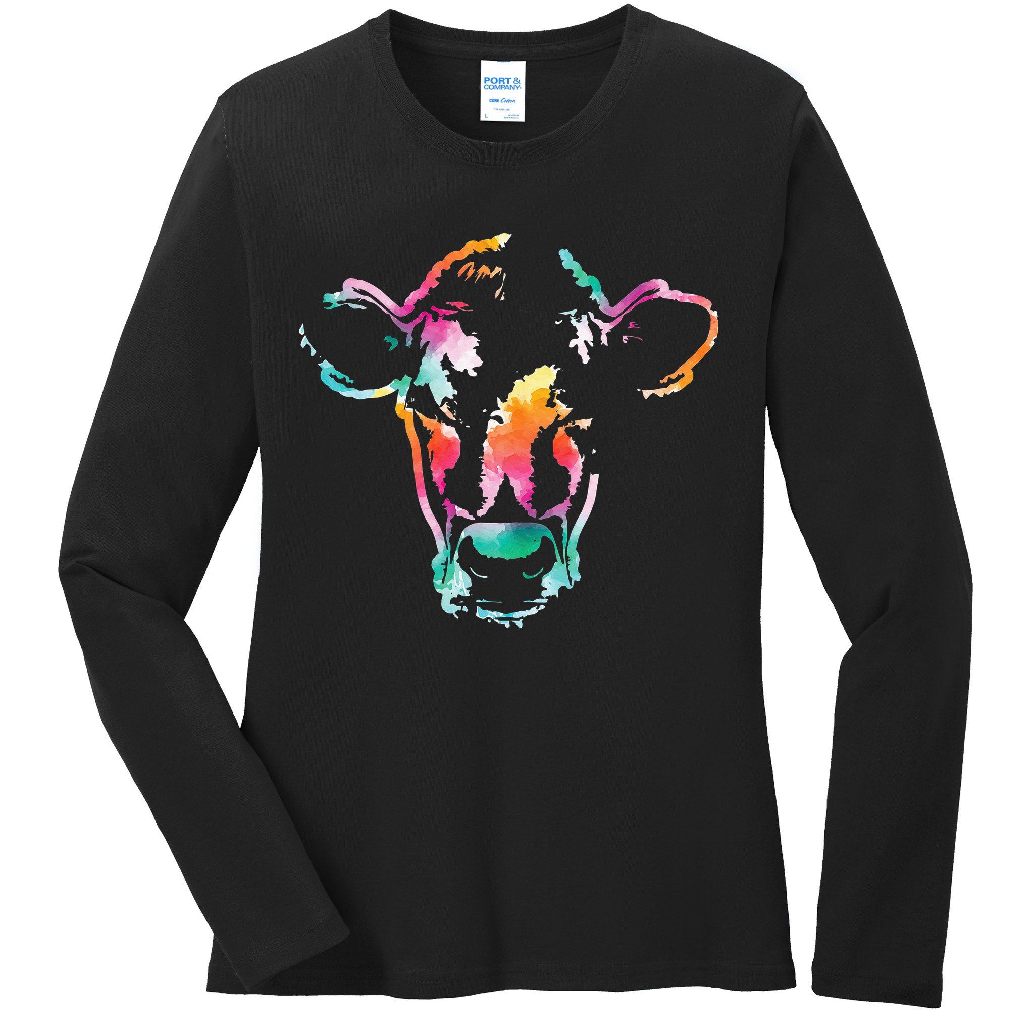 Cow Head Watercolor Art Farm Cow Lover Ladies Long Sleeve Shirt