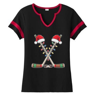 Christmas Hockey With Santa Hat Christmas Hockey Ladies Halftime Notch Neck Tee