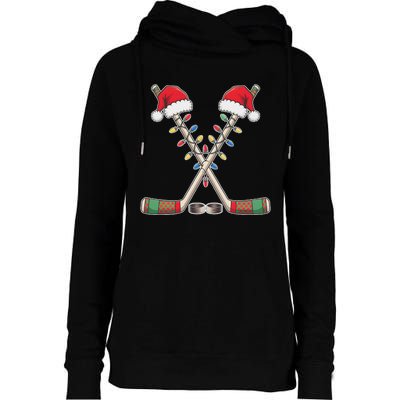 Christmas Hockey With Santa Hat Christmas Hockey Womens Funnel Neck Pullover Hood