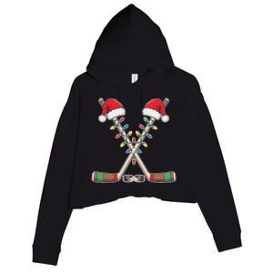 Christmas Hockey With Santa Hat Christmas Hockey Crop Fleece Hoodie