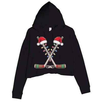 Christmas Hockey With Santa Hat Christmas Hockey Crop Fleece Hoodie