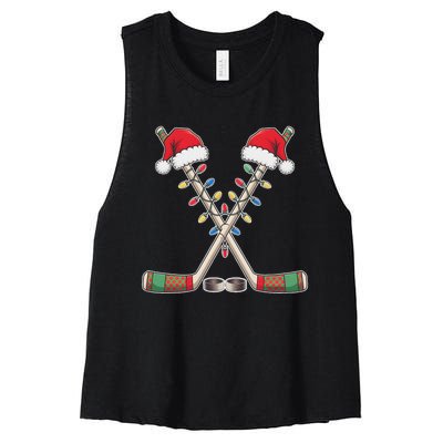 Christmas Hockey With Santa Hat Christmas Hockey Women's Racerback Cropped Tank