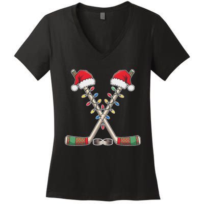 Christmas Hockey With Santa Hat Christmas Hockey Women's V-Neck T-Shirt