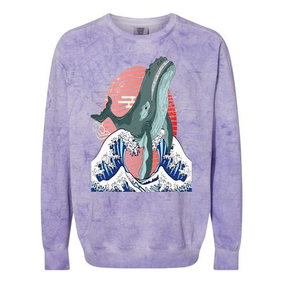 cute Humpback whale waves sea Japanese style art for lovers Colorblast Crewneck Sweatshirt