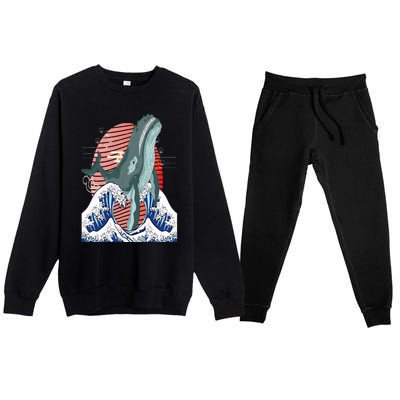 cute Humpback whale waves sea Japanese style art for lovers Premium Crewneck Sweatsuit Set