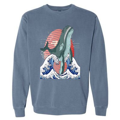 cute Humpback whale waves sea Japanese style art for lovers Garment-Dyed Sweatshirt