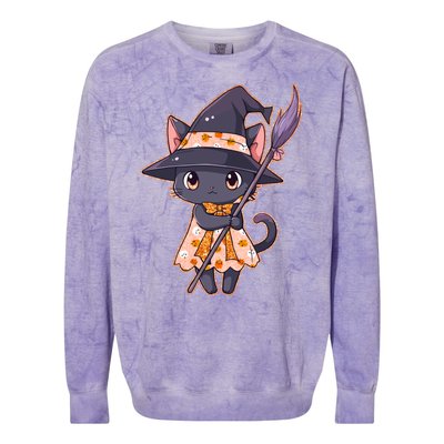 Cute Halloween Witch Cat With Broom Colorblast Crewneck Sweatshirt