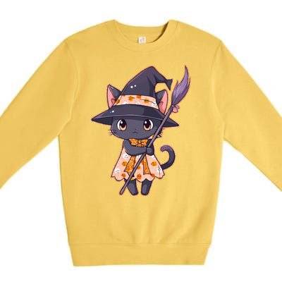 Cute Halloween Witch Cat With Broom Premium Crewneck Sweatshirt