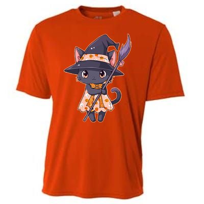 Cute Halloween Witch Cat With Broom Cooling Performance Crew T-Shirt