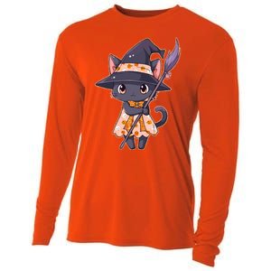 Cute Halloween Witch Cat With Broom Cooling Performance Long Sleeve Crew