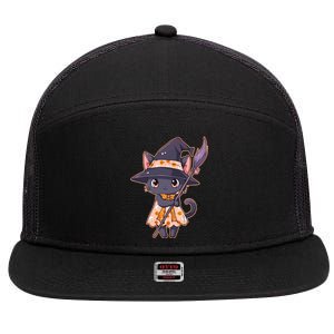 Cute Halloween Witch Cat With Broom 7 Panel Mesh Trucker Snapback Hat