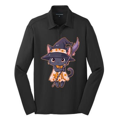 Cute Halloween Witch Cat With Broom Silk Touch Performance Long Sleeve Polo