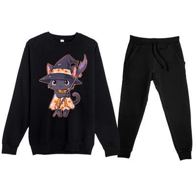 Cute Halloween Witch Cat With Broom Premium Crewneck Sweatsuit Set