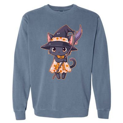 Cute Halloween Witch Cat With Broom Garment-Dyed Sweatshirt