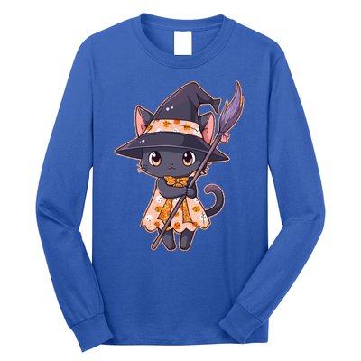 Cute Halloween Witch Cat With Broom Long Sleeve Shirt