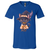 Cute Halloween Witch Cat With Broom V-Neck T-Shirt