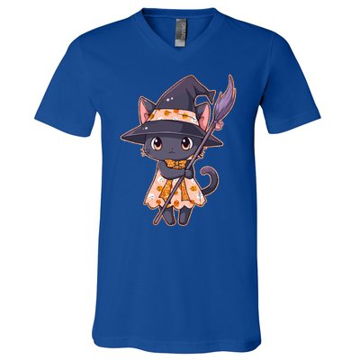 Cute Halloween Witch Cat With Broom V-Neck T-Shirt