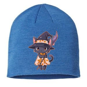 Cute Halloween Witch Cat With Broom Sustainable Beanie