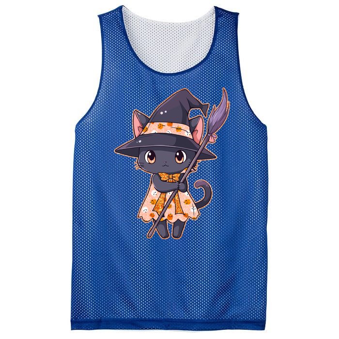 Cute Halloween Witch Cat With Broom Mesh Reversible Basketball Jersey Tank