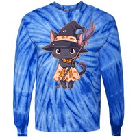 Cute Halloween Witch Cat With Broom Tie-Dye Long Sleeve Shirt