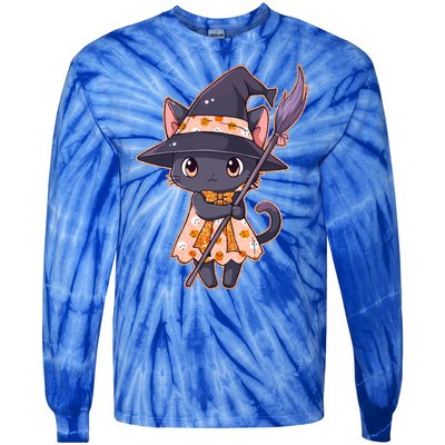 Cute Halloween Witch Cat With Broom Tie-Dye Long Sleeve Shirt