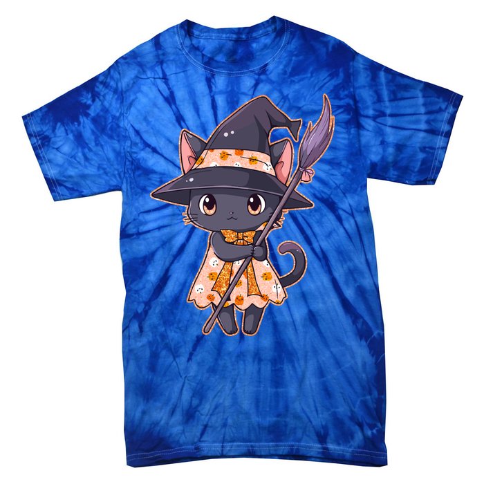 Cute Halloween Witch Cat With Broom Tie-Dye T-Shirt