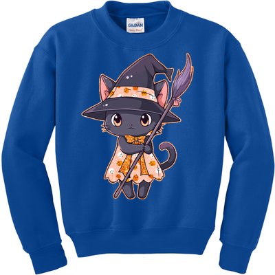 Cute Halloween Witch Cat With Broom Kids Sweatshirt