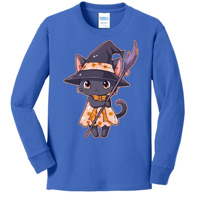 Cute Halloween Witch Cat With Broom Kids Long Sleeve Shirt