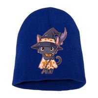 Cute Halloween Witch Cat With Broom Short Acrylic Beanie