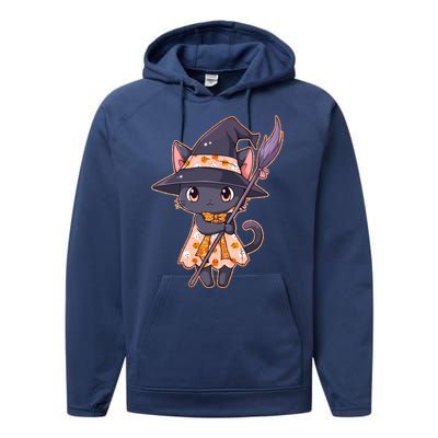 Cute Halloween Witch Cat With Broom Performance Fleece Hoodie