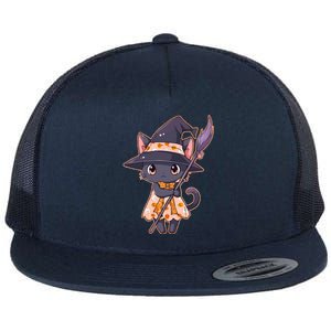 Cute Halloween Witch Cat With Broom Flat Bill Trucker Hat