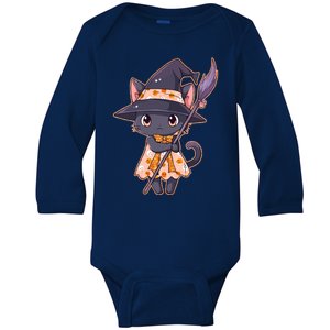 Cute Halloween Witch Cat With Broom Baby Long Sleeve Bodysuit