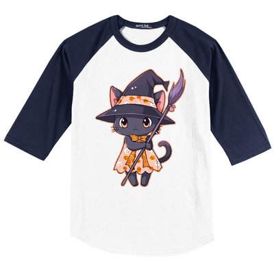 Cute Halloween Witch Cat With Broom Baseball Sleeve Shirt