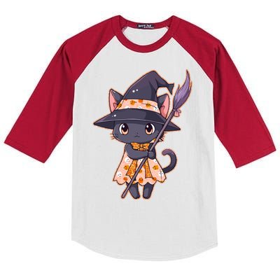 Cute Halloween Witch Cat With Broom Kids Colorblock Raglan Jersey