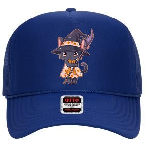 Cute Halloween Witch Cat With Broom High Crown Mesh Back Trucker Hat