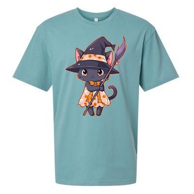 Cute Halloween Witch Cat With Broom Sueded Cloud Jersey T-Shirt