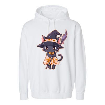 Cute Halloween Witch Cat With Broom Garment-Dyed Fleece Hoodie