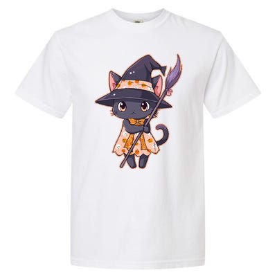 Cute Halloween Witch Cat With Broom Garment-Dyed Heavyweight T-Shirt