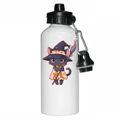 Cute Halloween Witch Cat With Broom Aluminum Water Bottle 