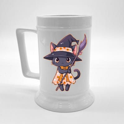 Cute Halloween Witch Cat With Broom Beer Stein