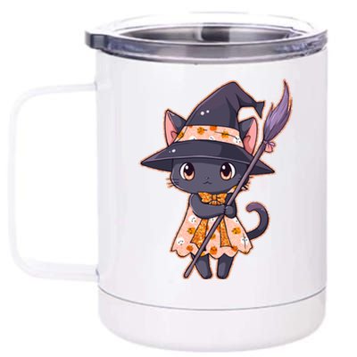 Cute Halloween Witch Cat With Broom 12 oz Stainless Steel Tumbler Cup