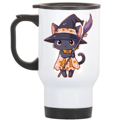 Cute Halloween Witch Cat With Broom Stainless Steel Travel Mug