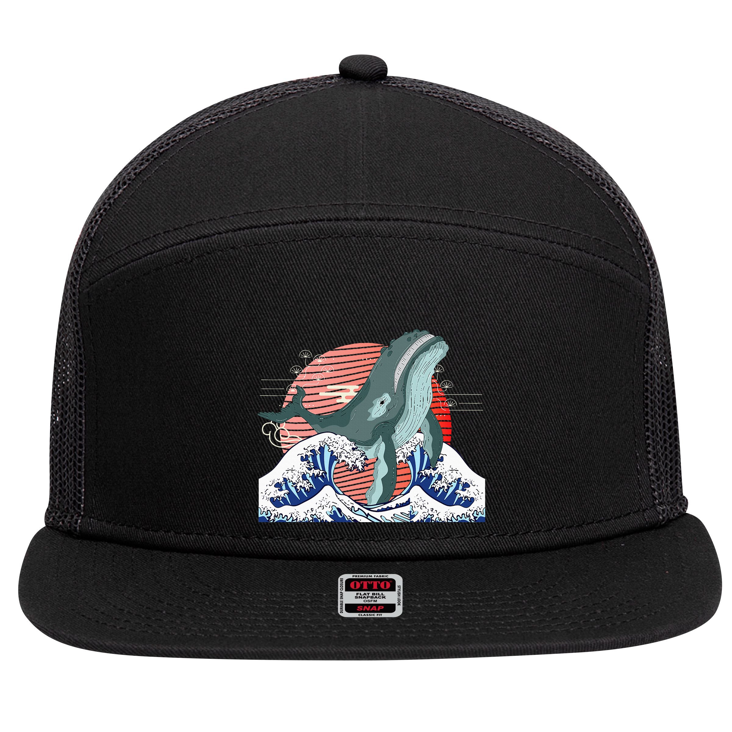 cute Humpback whale waves sea Japanese style 7 Panel Mesh Trucker Snapback Hat