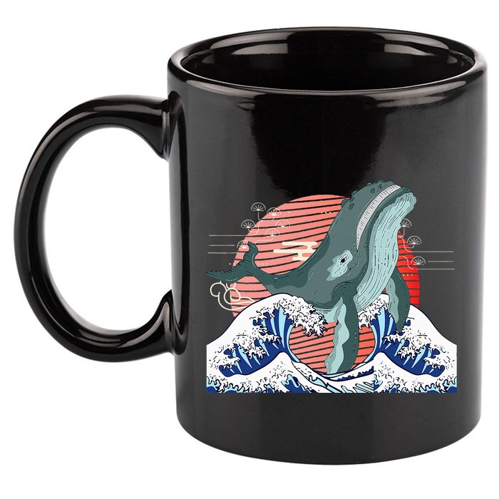 cute Humpback whale waves sea Japanese style 11oz C Handle Ceramic Mug