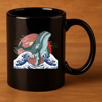 cute Humpback whale waves sea Japanese style 11oz C Handle Ceramic Mug