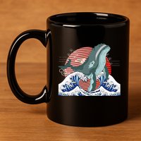 cute Humpback whale waves sea Japanese style 11oz C Handle Ceramic Mug