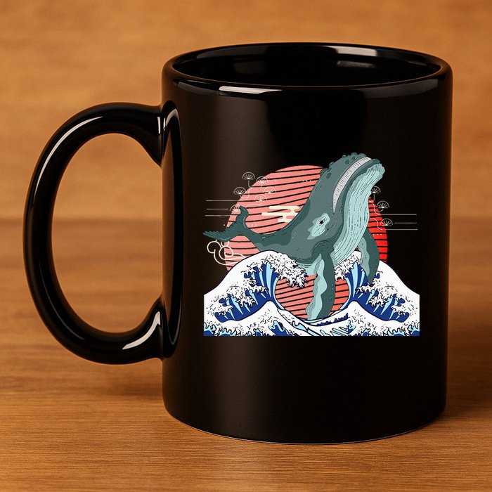 cute Humpback whale waves sea Japanese style 11oz C Handle Ceramic Mug