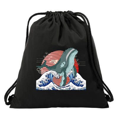 cute Humpback whale waves sea Japanese style Drawstring Bag