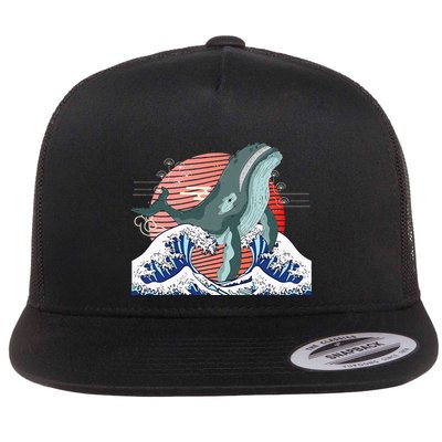 cute Humpback whale waves sea Japanese style Flatbill Hat