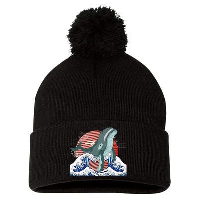 cute Humpback whale waves sea Japanese style Pom Pom 12in Knit Beanie